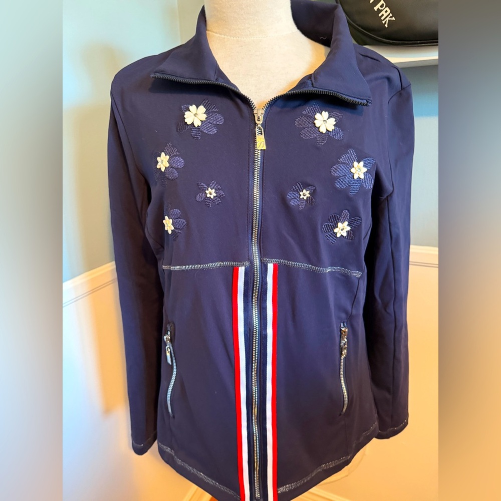 SPANNER navy athletic light jacket zippered pockets nautical flower details